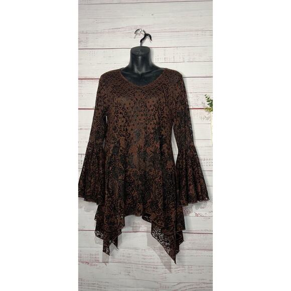 Dor Dor Couture Brown & Black Sheer Lace Boho Top Medium - Picture 1 of 5
